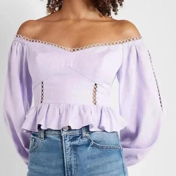 NWT Express Top Off The Shoulder Ruffle Corset Blouse Linen Blend Purple XS - Picture 2 of 11